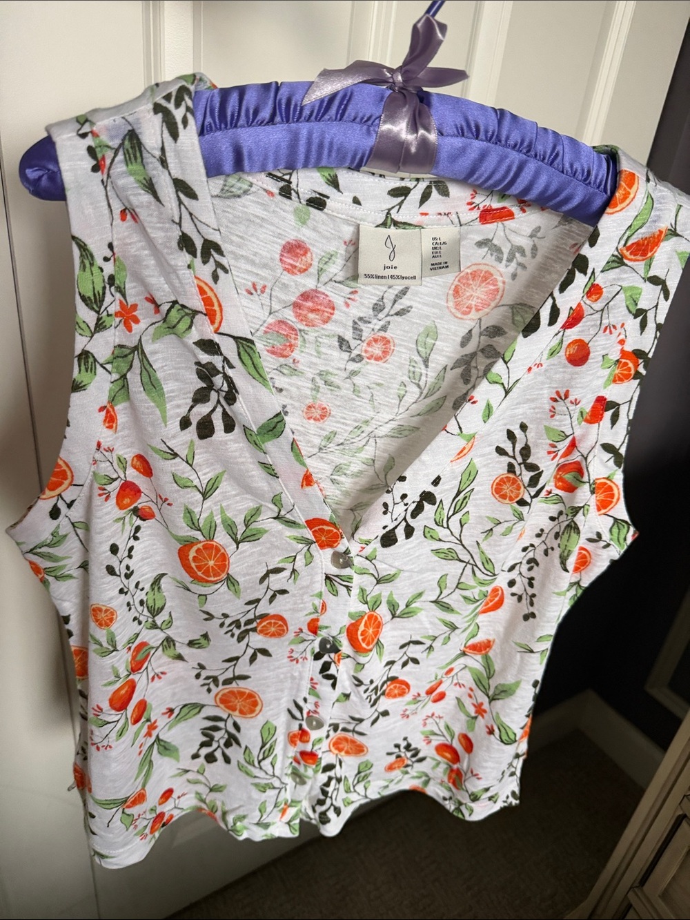 Joie White Citrus & Green Leaf V-Neck Sleeveless Top